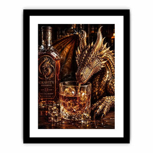 Fantasy dragon whiskey wall art with cinematic dragon drinking bourbon beside luxury bar bottle canvas print
