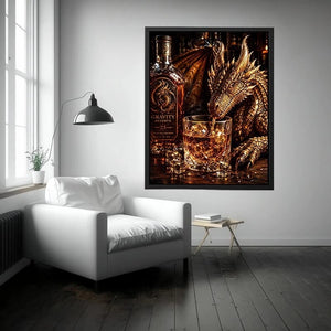 Fantasy dragon whiskey wall art with cinematic dragon drinking bourbon beside luxury bar bottle canvas print