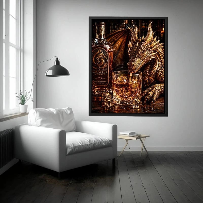 Fantasy dragon whiskey wall art with cinematic dragon drinking bourbon beside luxury bar bottle canvas print