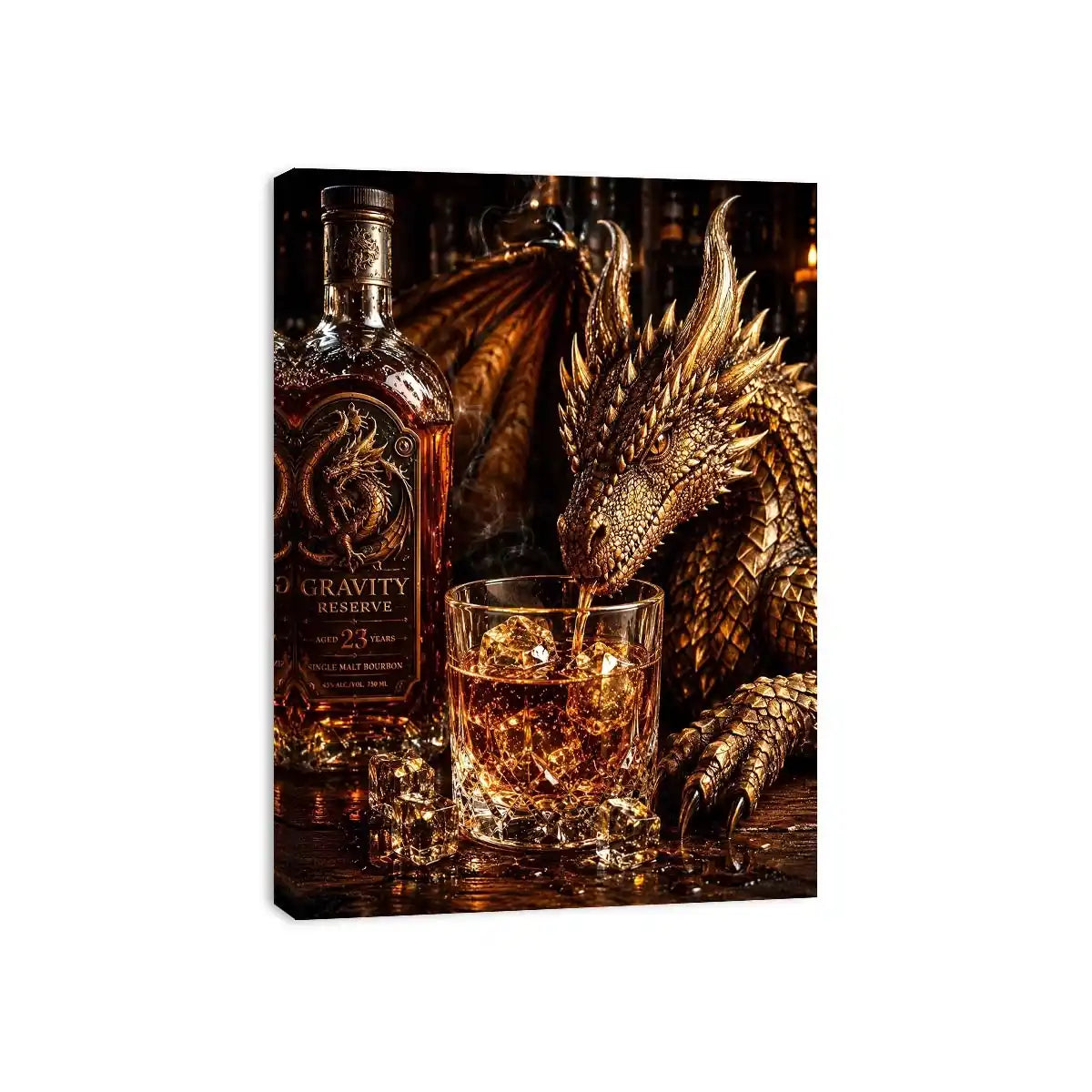 Fantasy dragon whiskey wall art with cinematic dragon drinking bourbon beside luxury bar bottle canvas print