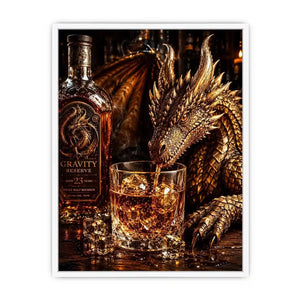 Fantasy dragon whiskey wall art with cinematic dragon drinking bourbon beside luxury bar bottle canvas print