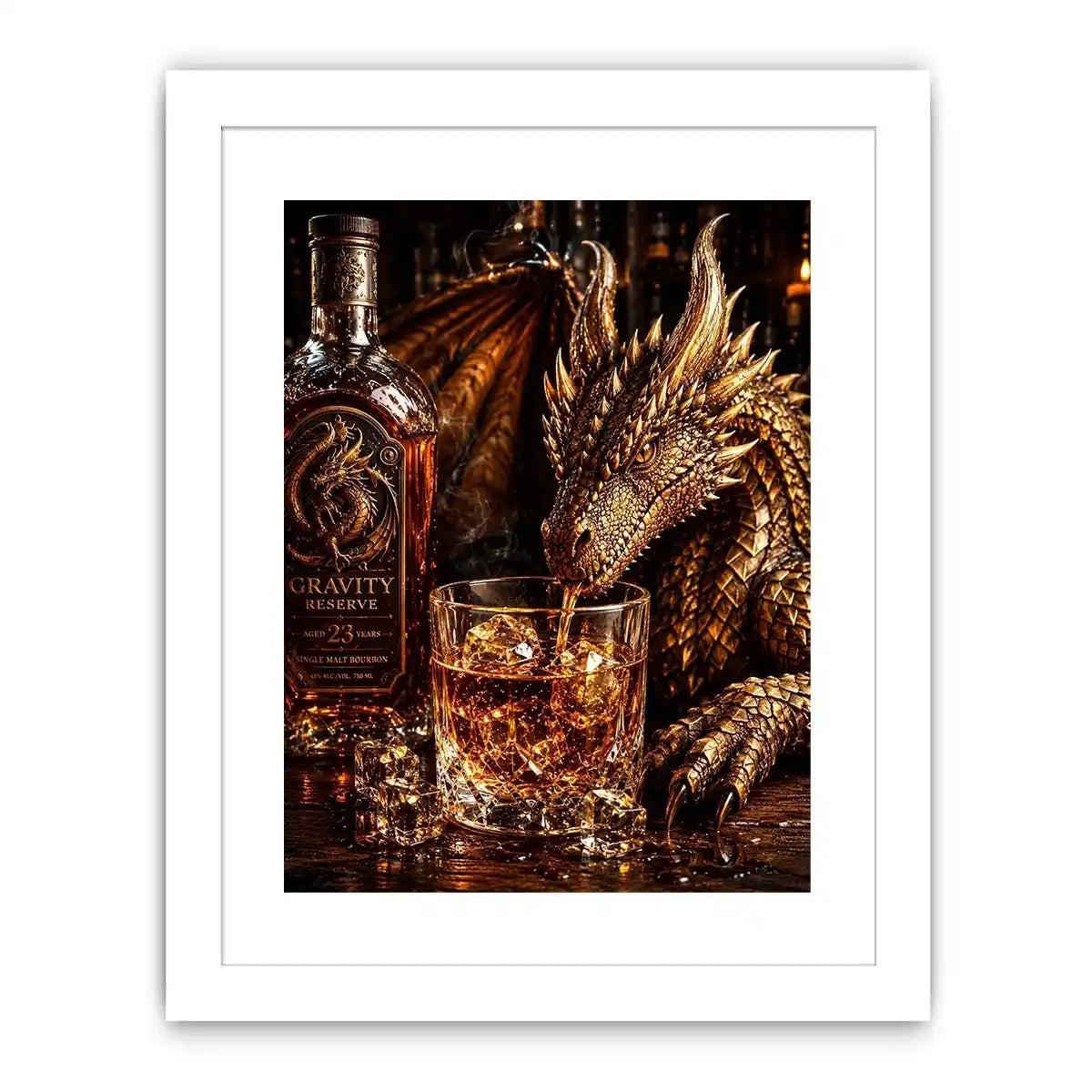 Fantasy dragon whiskey wall art with cinematic dragon drinking bourbon beside luxury bar bottle canvas print