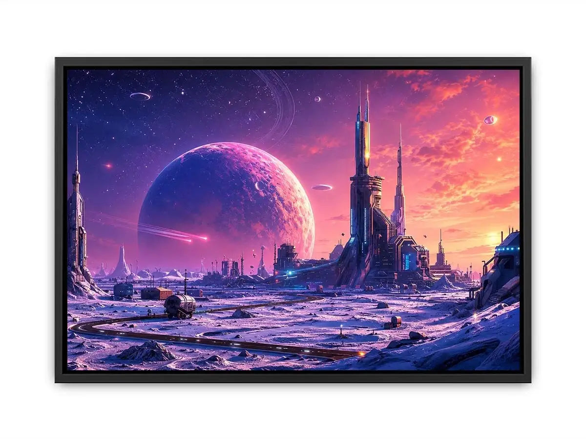 Futuristic planet city wall art with pastel sci fi skyline and cosmic dreamscape canvas print