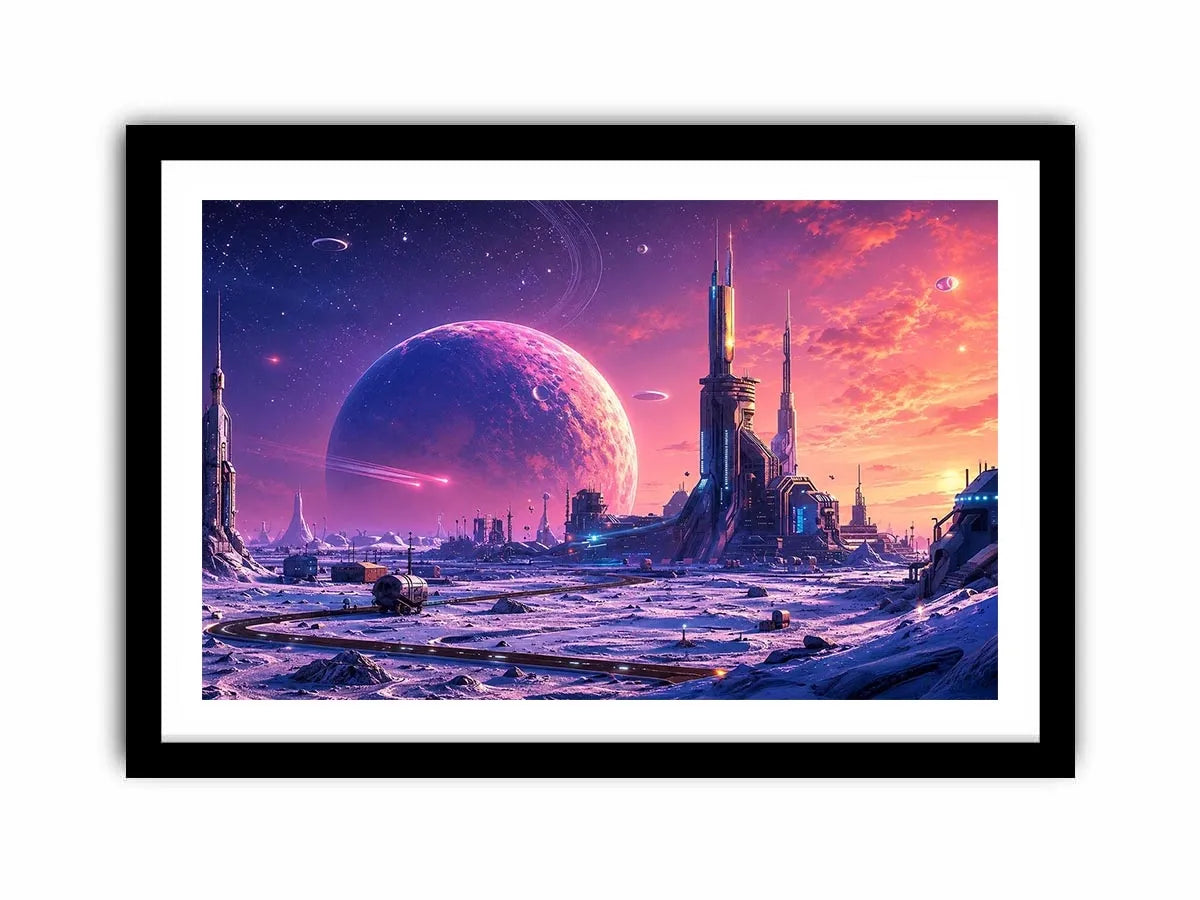 Futuristic planet city wall art with pastel sci fi skyline and cosmic dreamscape canvas print