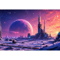 Futuristic planet city wall art with pastel sci fi skyline and cosmic dreamscape canvas print