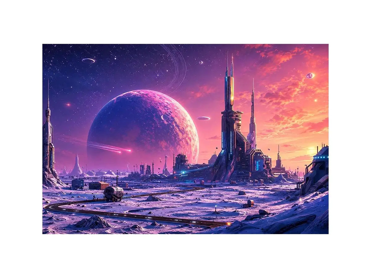 Futuristic planet city wall art with pastel sci fi skyline and cosmic dreamscape canvas print