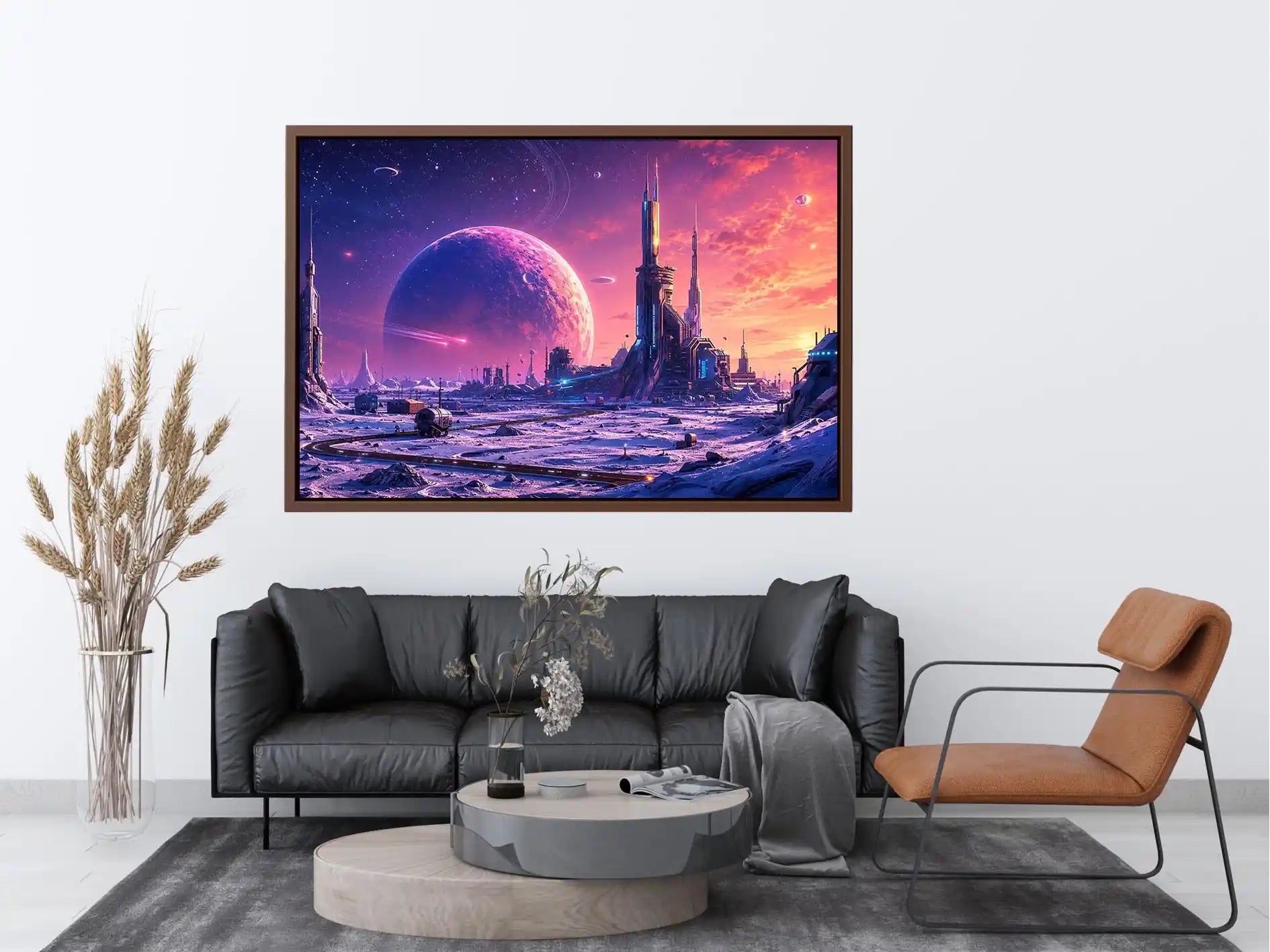Futuristic planet city wall art with pastel sci fi skyline and cosmic dreamscape canvas print