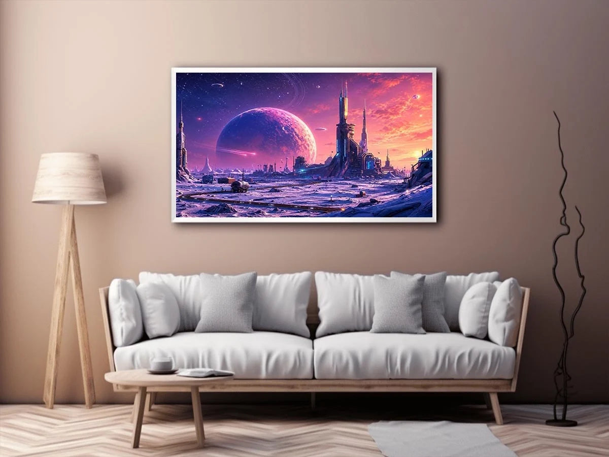 Futuristic planet city wall art with pastel sci fi skyline and cosmic dreamscape canvas print