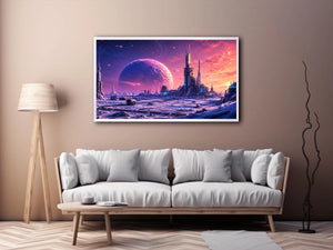 Futuristic planet city wall art with pastel sci fi skyline and cosmic dreamscape canvas print