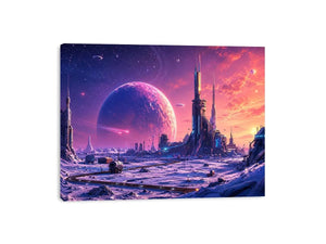 Futuristic planet city wall art with pastel sci fi skyline and cosmic dreamscape canvas print