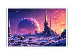 Futuristic planet city wall art with pastel sci fi skyline and cosmic dreamscape canvas print