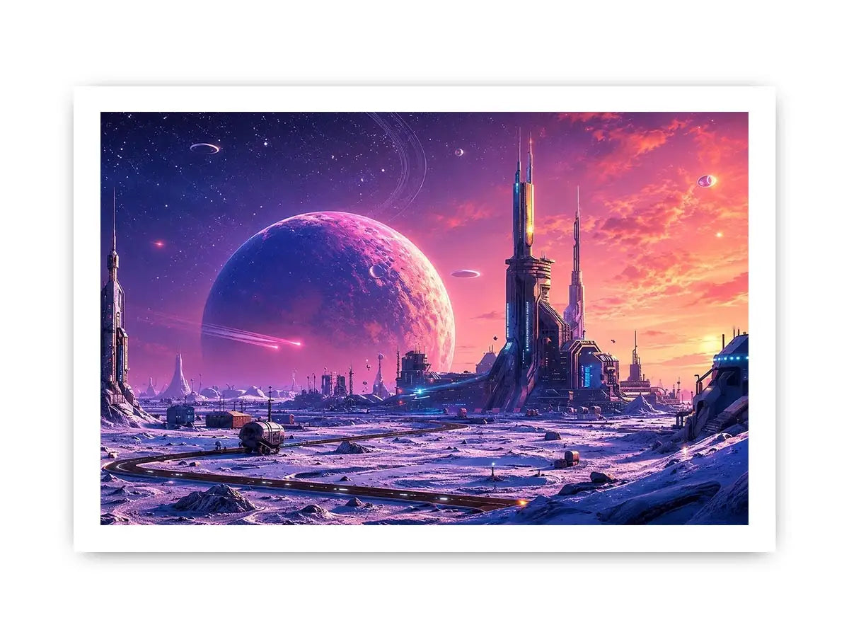 Futuristic planet city wall art with pastel sci fi skyline and cosmic dreamscape canvas print