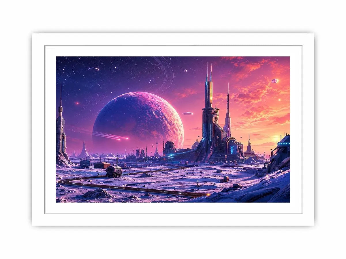 Futuristic planet city wall art with pastel sci fi skyline and cosmic dreamscape canvas print