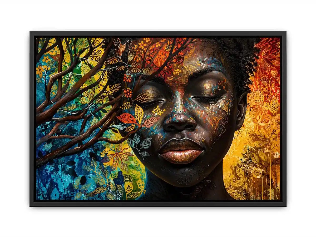 Abstract African woman wall art with colorful botanical patterns and modern expressive portrait canvas print
