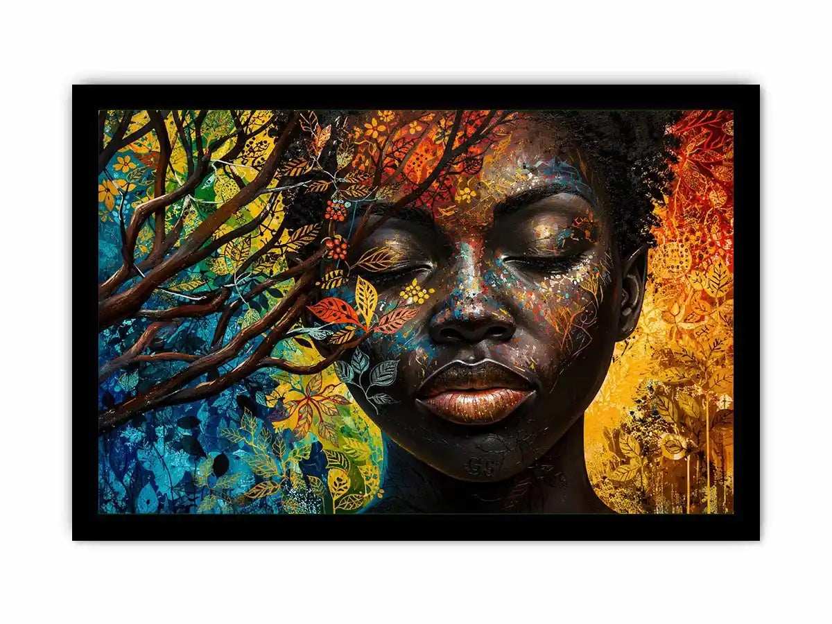 Abstract African woman wall art with colorful botanical patterns and modern expressive portrait canvas print