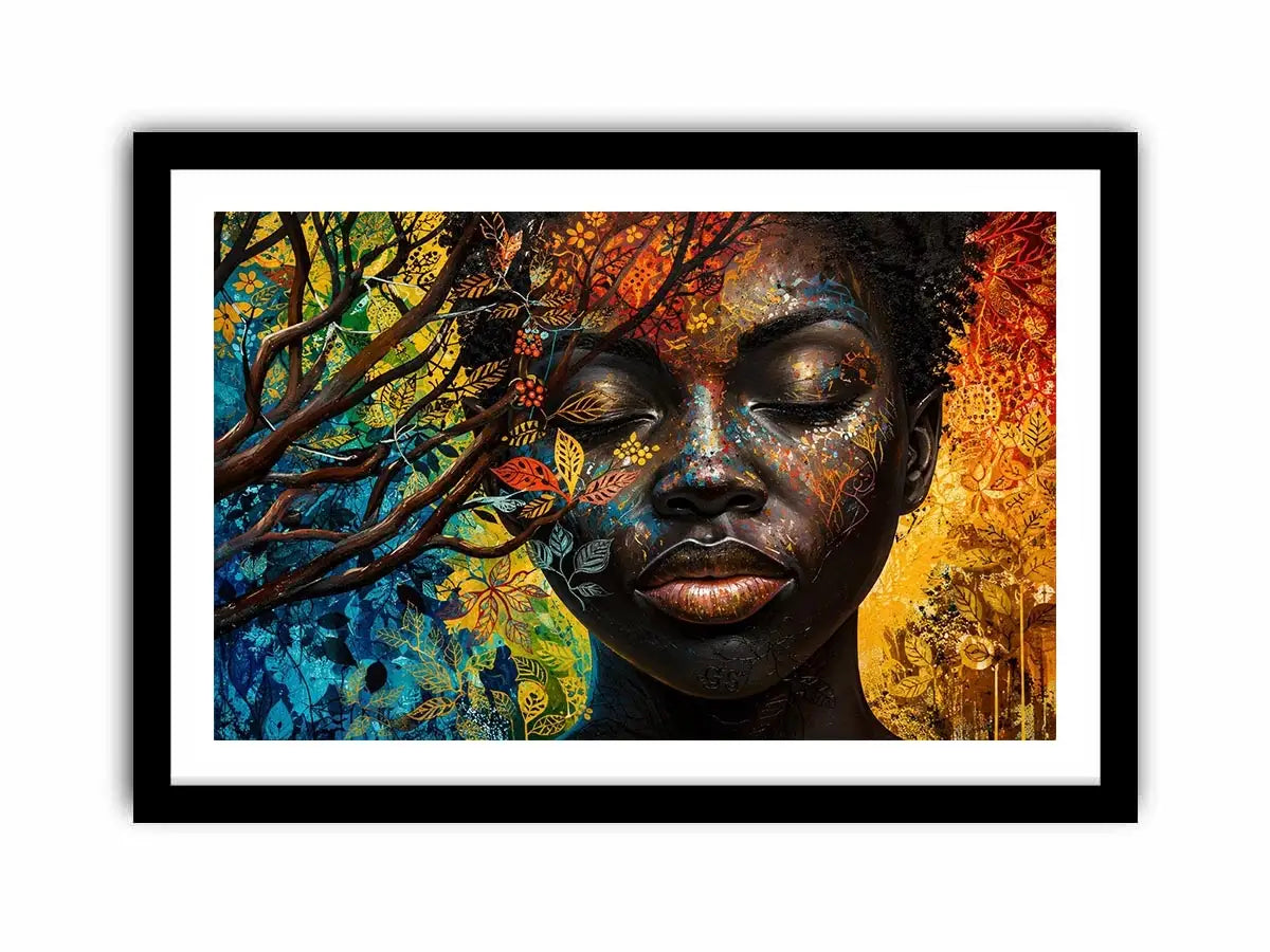 Abstract African woman wall art with colorful botanical patterns and modern expressive portrait canvas print