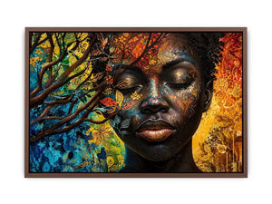Abstract African woman wall art with colorful botanical patterns and modern expressive portrait canvas print