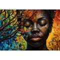 Abstract African woman wall art with colorful botanical patterns and modern expressive portrait canvas print