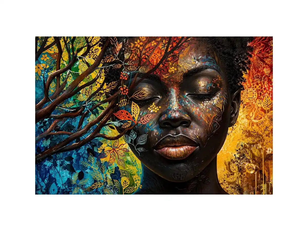 Abstract African woman wall art with colorful botanical patterns and modern expressive portrait canvas print