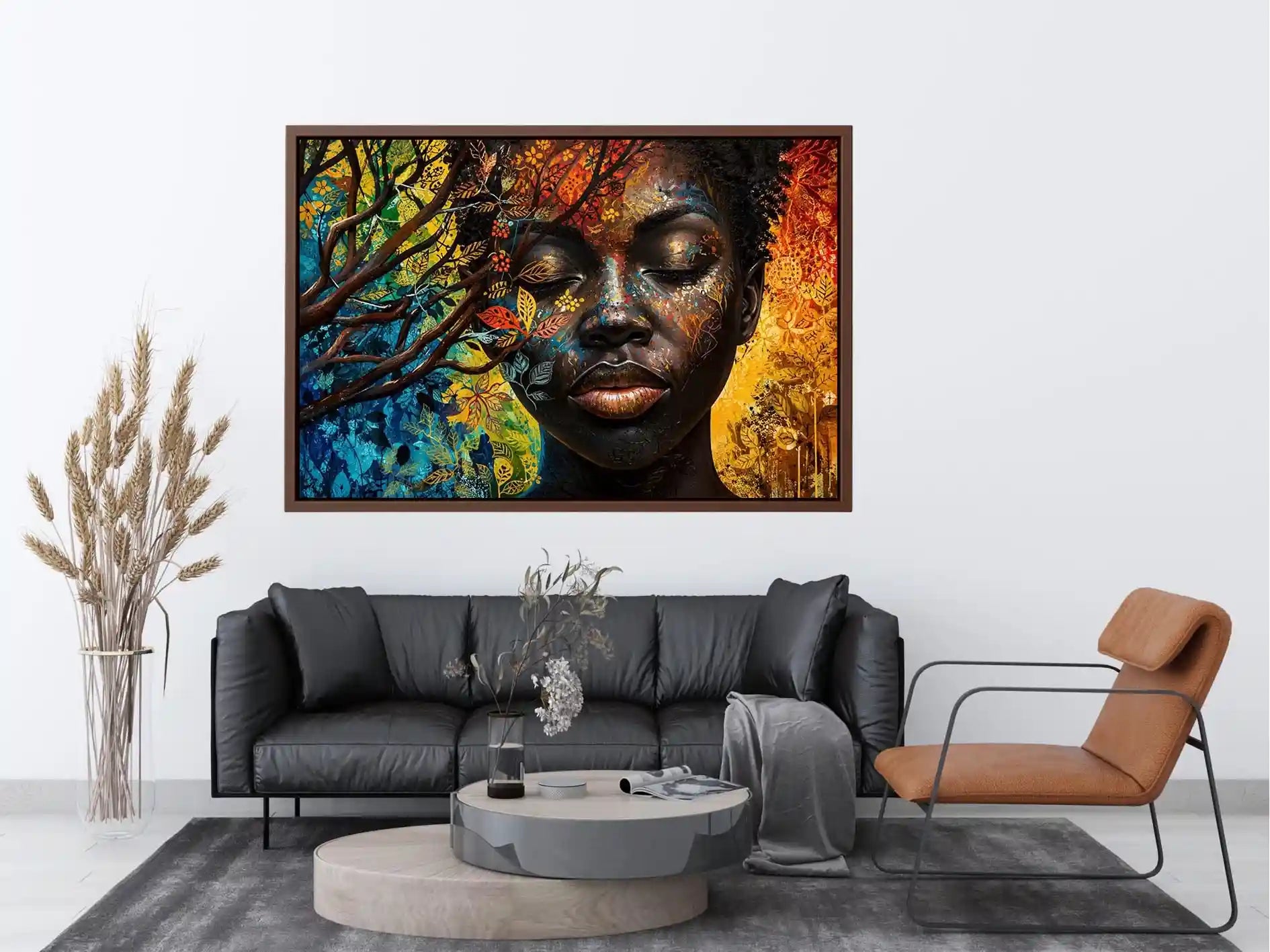 Abstract African woman wall art with colorful botanical patterns and modern expressive portrait canvas print