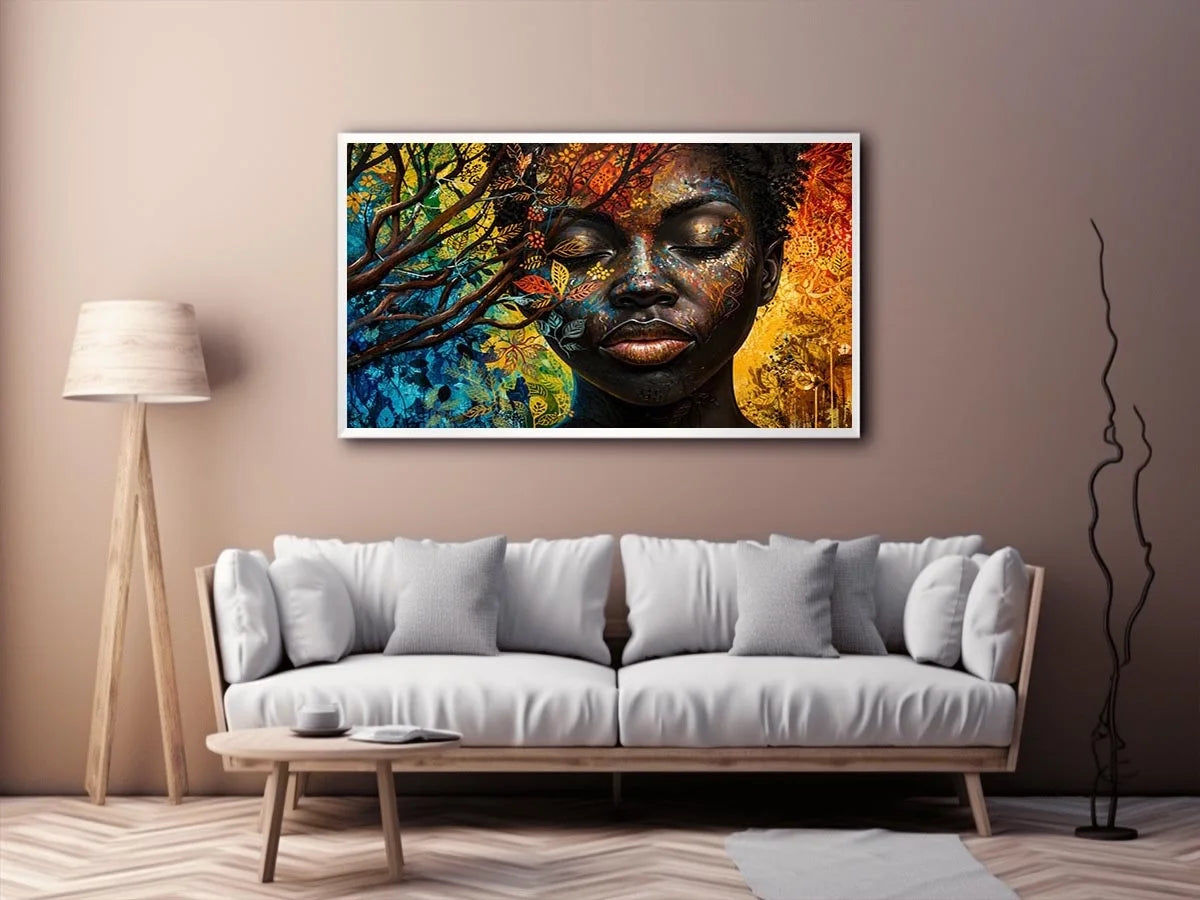 Abstract African woman wall art with colorful botanical patterns and modern expressive portrait canvas print