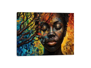 Abstract African woman wall art with colorful botanical patterns and modern expressive portrait canvas print