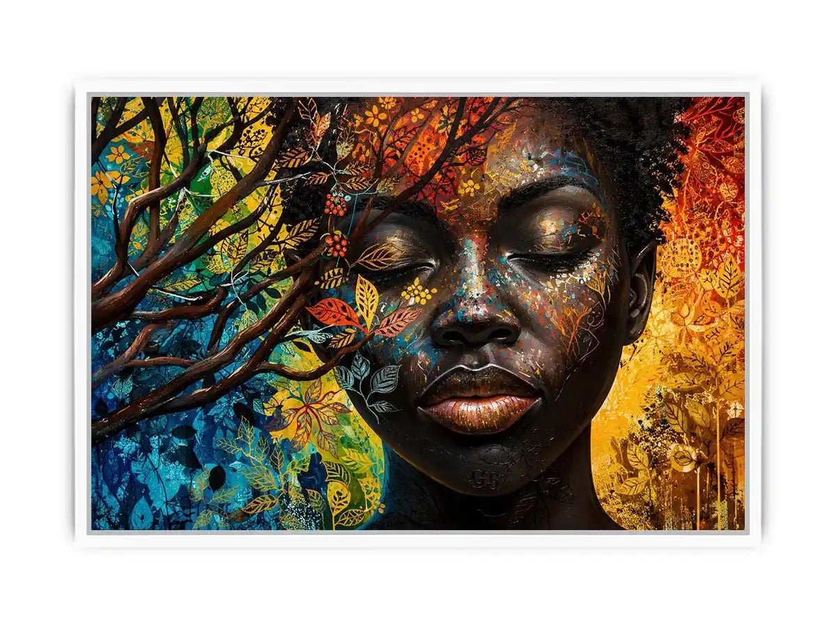 Abstract African woman wall art with colorful botanical patterns and modern expressive portrait canvas print