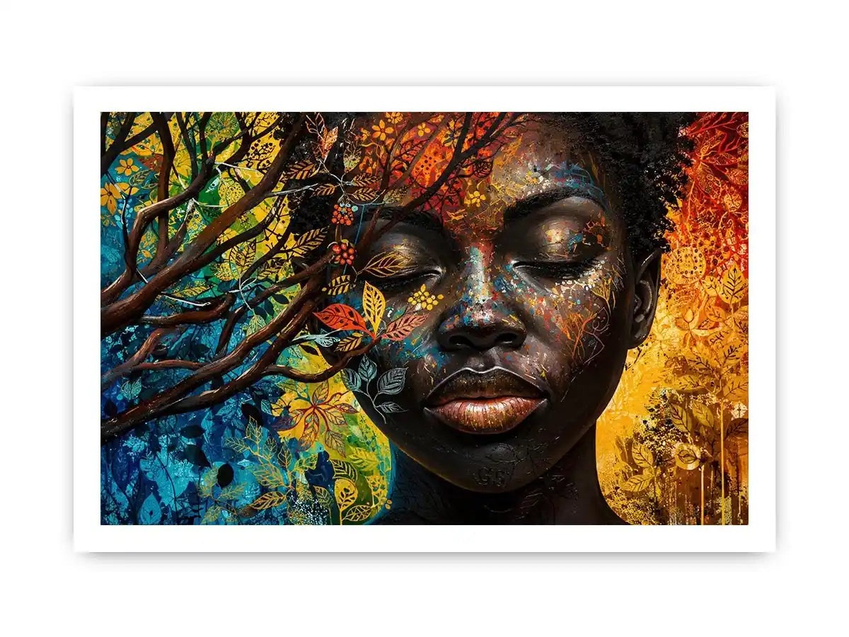 Abstract African woman wall art with colorful botanical patterns and modern expressive portrait canvas print