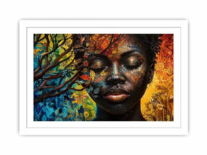 Abstract African woman wall art with colorful botanical patterns and modern expressive portrait canvas print