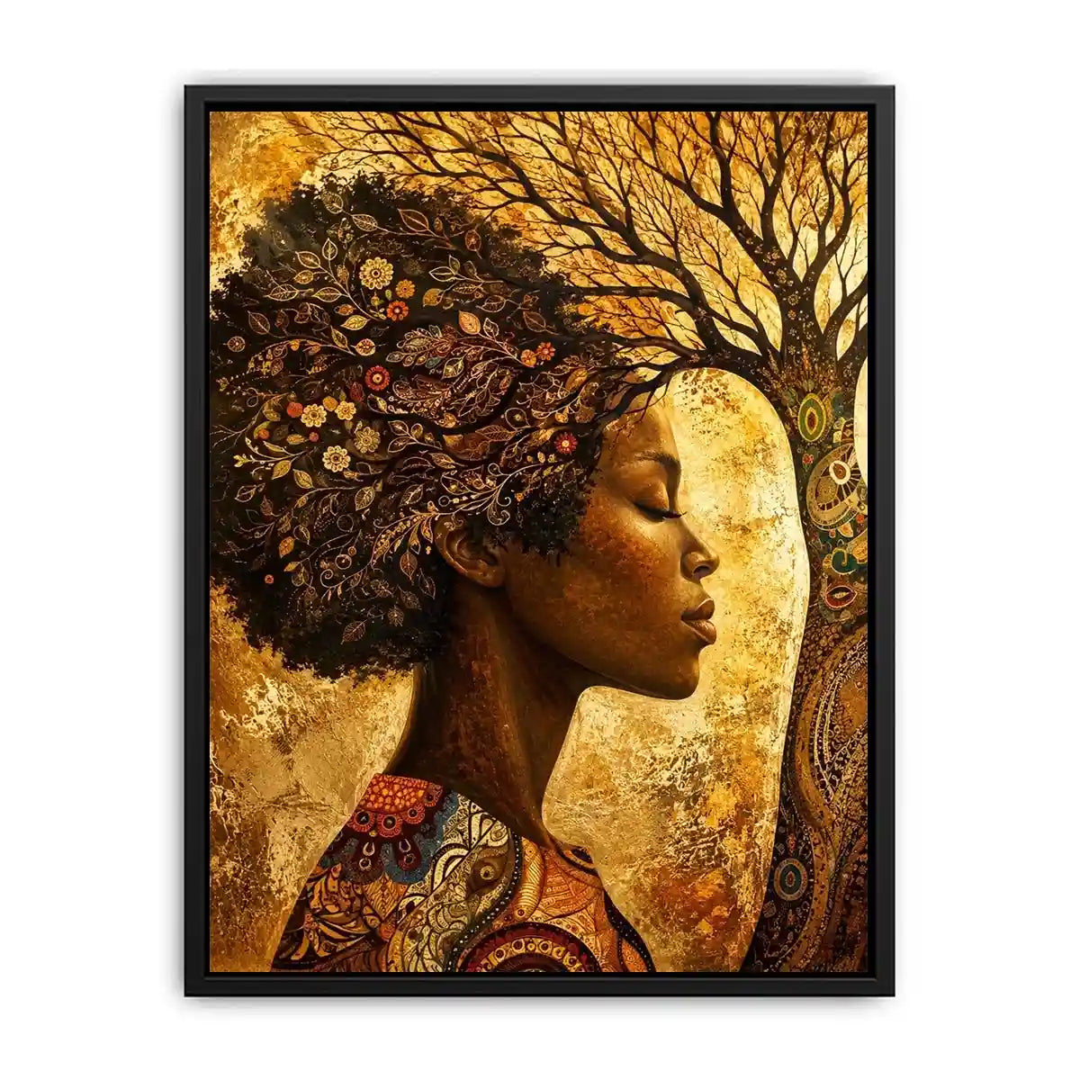 African woman tree wall art with botanical branches and earthy boho portrait canvas print
