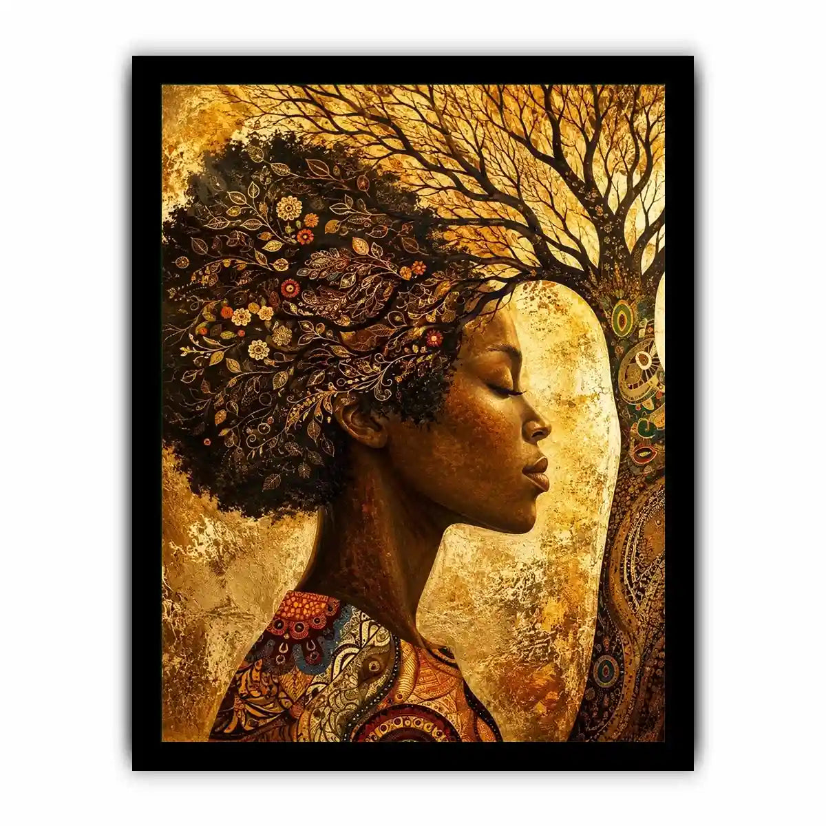 African woman tree wall art with botanical branches and earthy boho portrait canvas print