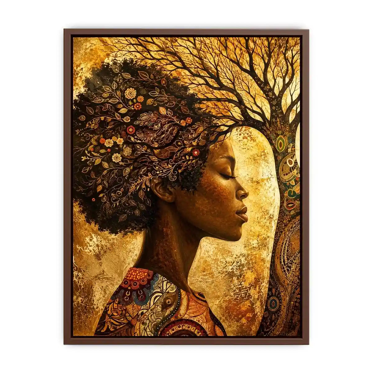 African woman tree wall art with botanical branches and earthy boho portrait canvas print