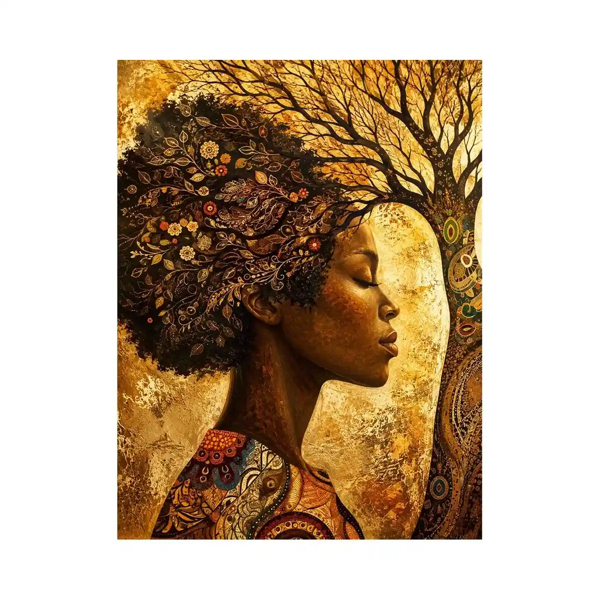 African woman tree wall art with botanical branches and earthy boho portrait canvas print