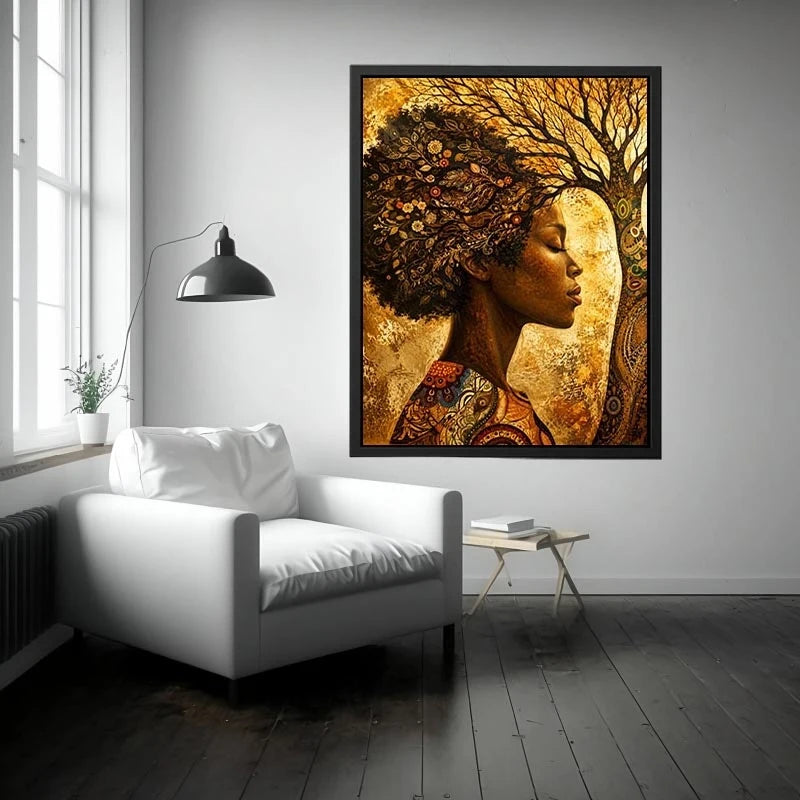 African woman tree wall art with botanical branches and earthy boho portrait canvas print