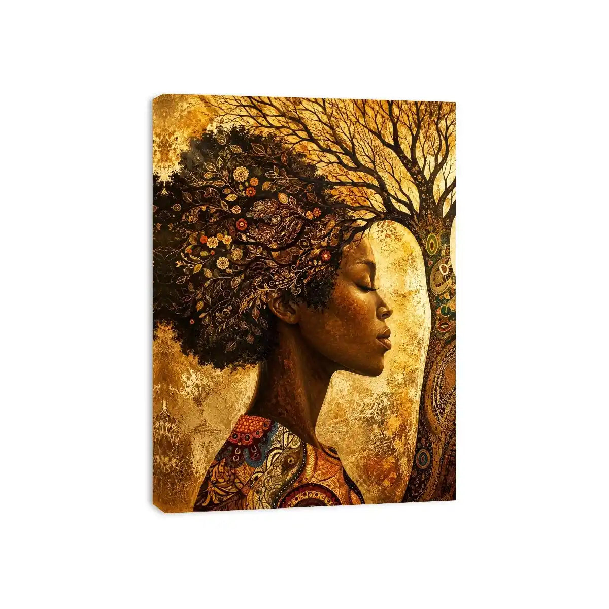 African woman tree wall art with botanical branches and earthy boho portrait canvas print