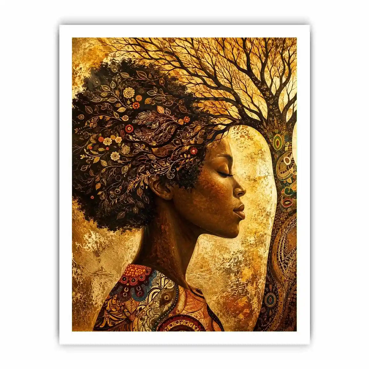 African woman tree wall art with botanical branches and earthy boho portrait canvas print