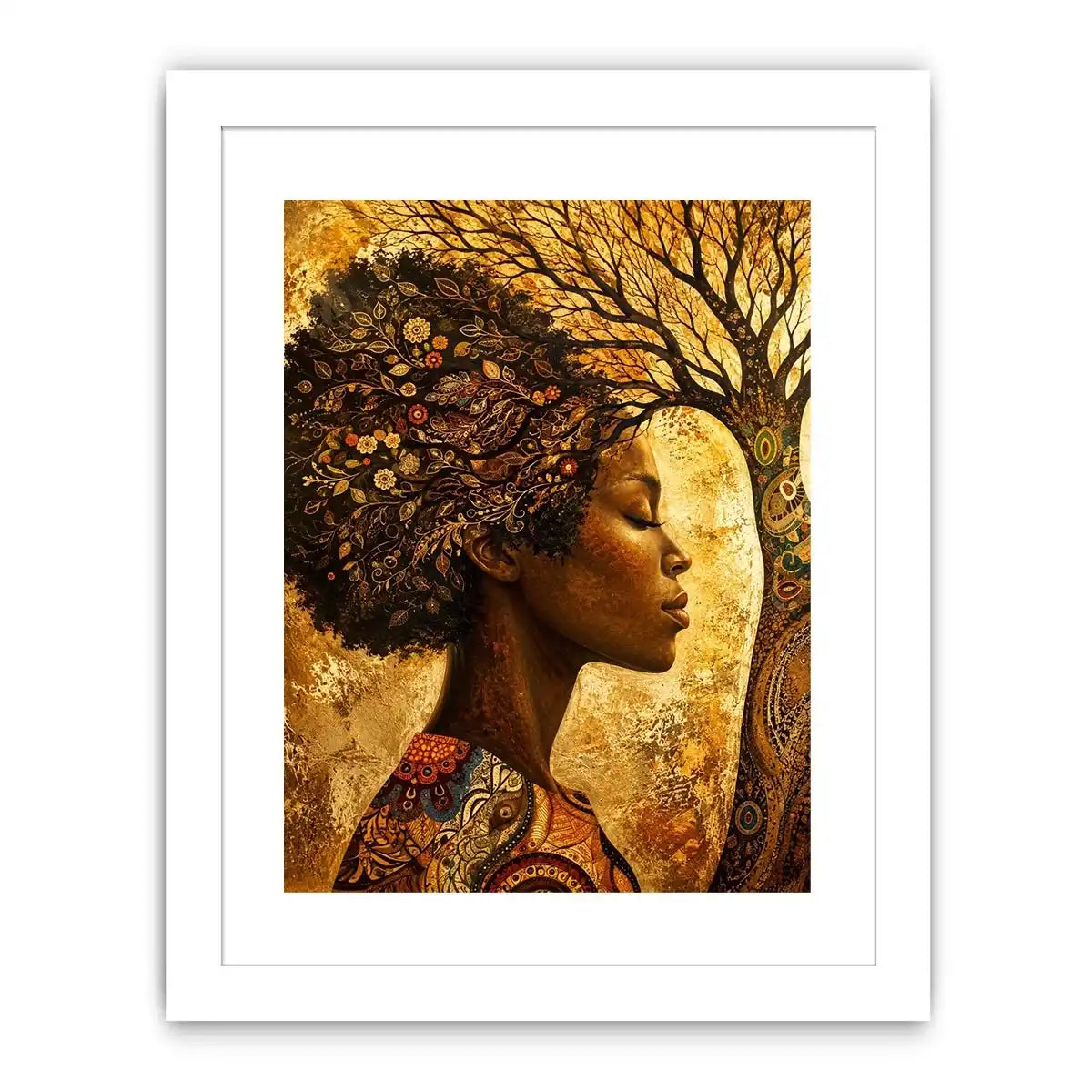 African woman tree wall art with botanical branches and earthy boho portrait canvas print