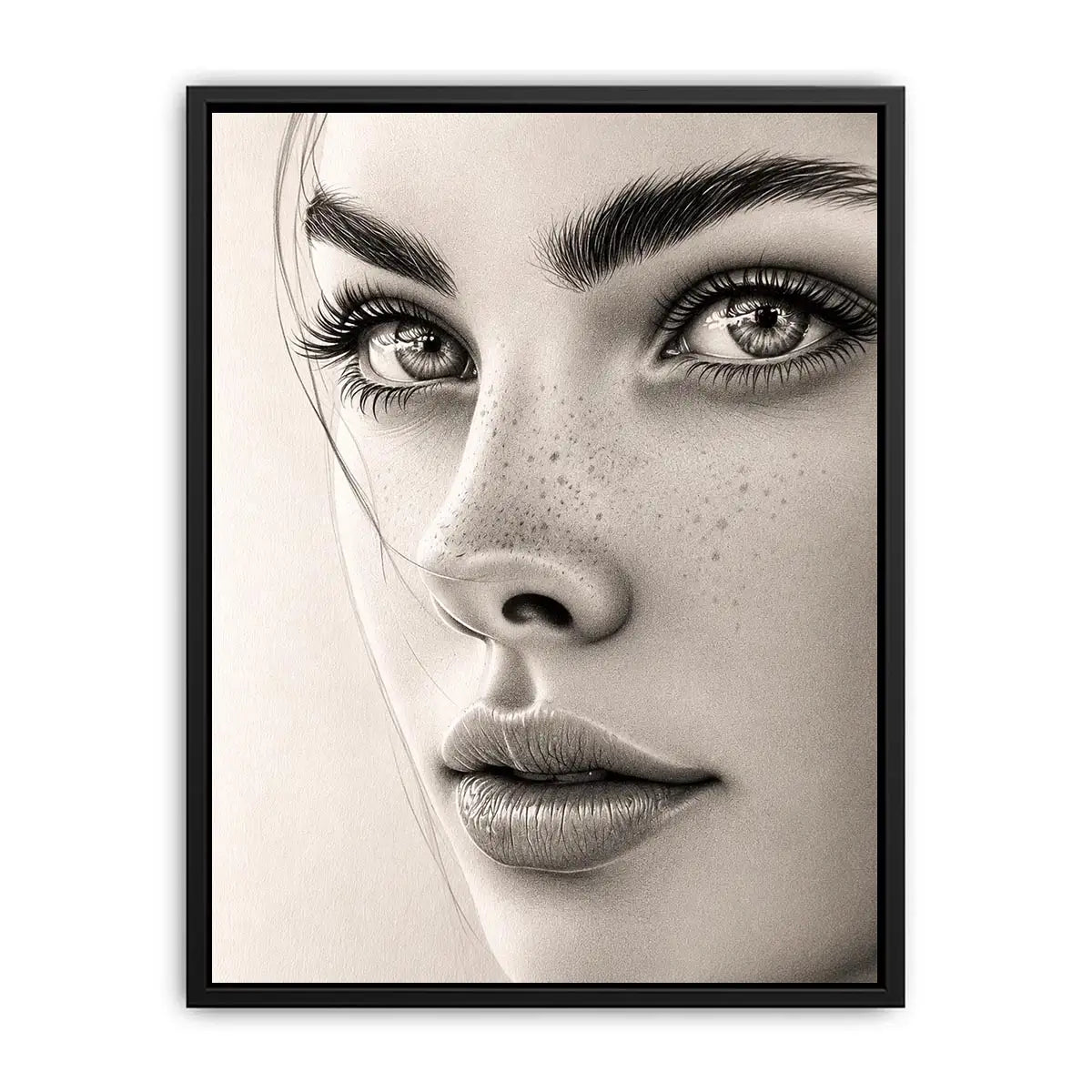 Minimalist pencil portrait wall art with elegant feminine face sketch and monochrome modern canvas print