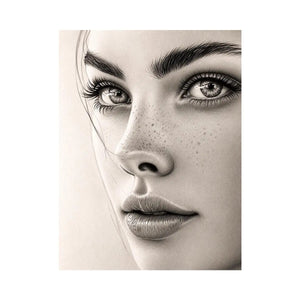 Minimalist pencil portrait wall art with elegant feminine face sketch and monochrome modern canvas print