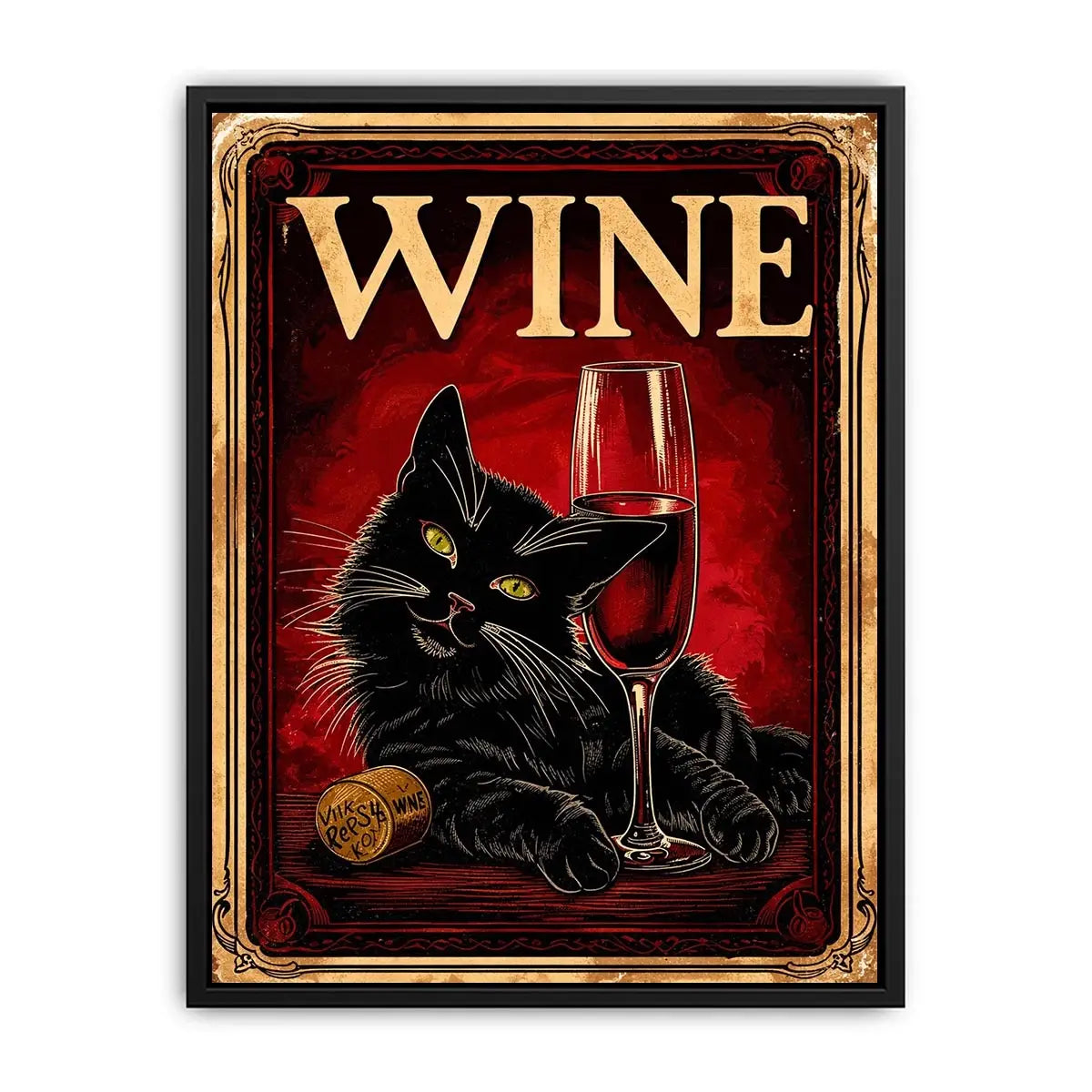 Vintage poster of a black cat with a glass of red wine in retro style