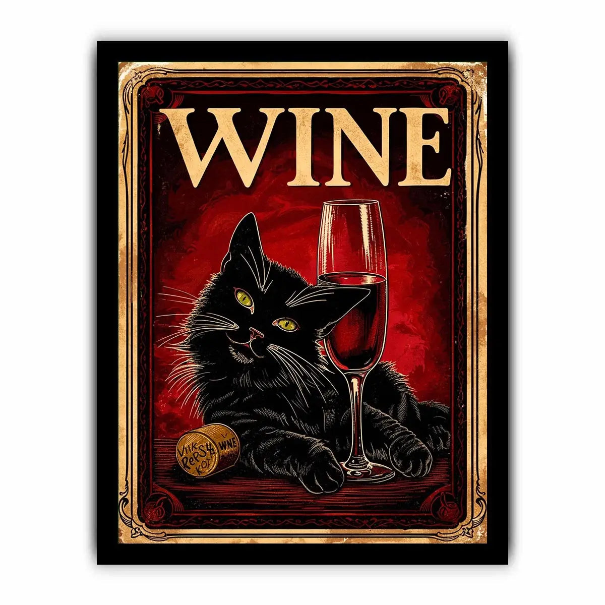 Vintage poster of a black cat with a glass of red wine in retro style