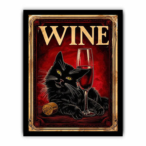 Vintage poster of a black cat with a glass of red wine in retro style