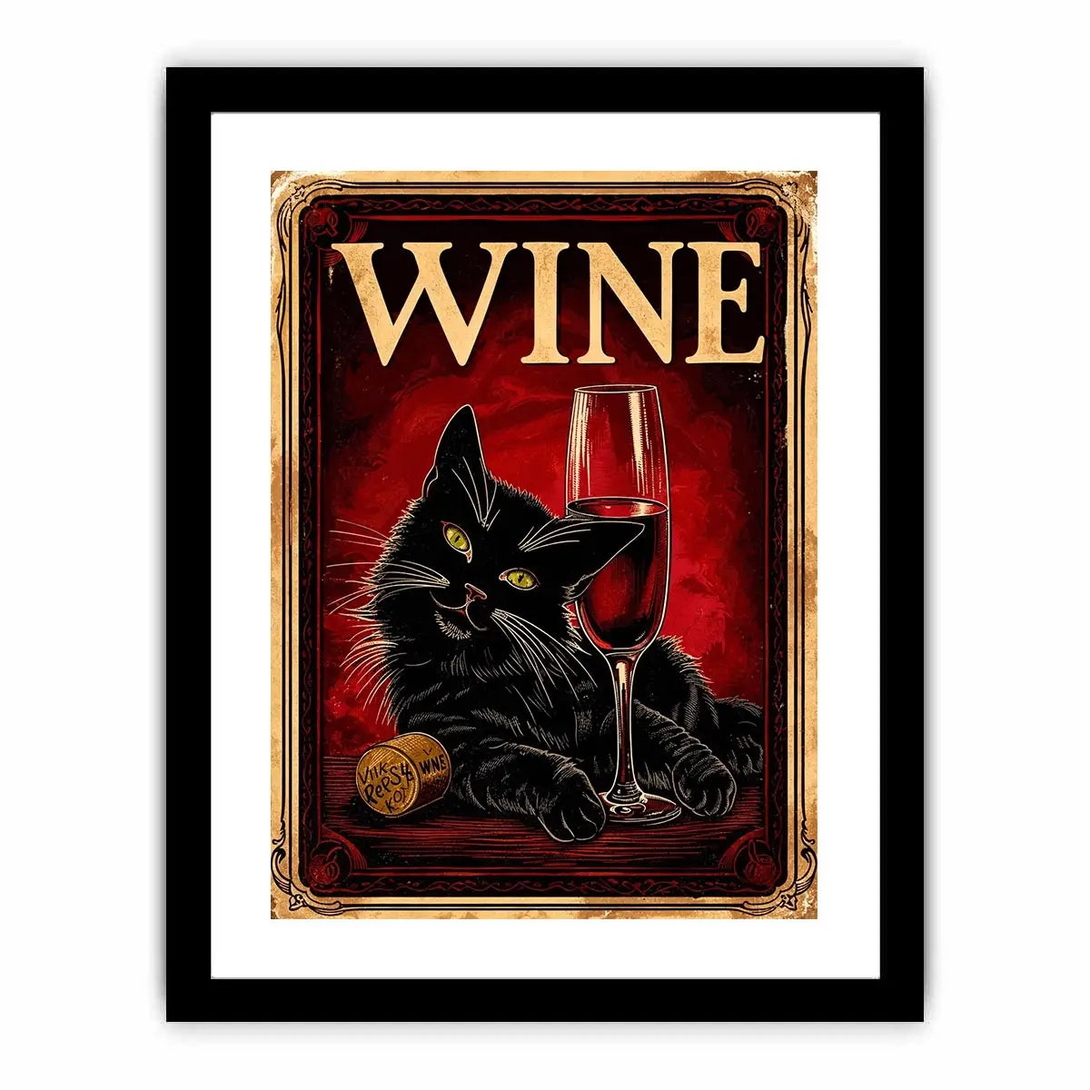 Vintage poster of a black cat with a glass of red wine in retro style