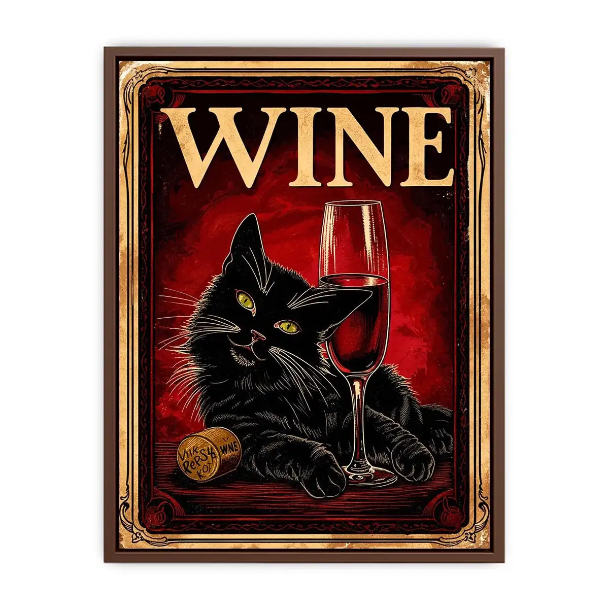 Vintage poster of a black cat with a glass of red wine in retro style