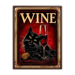 Vintage poster of a black cat with a glass of red wine in retro style