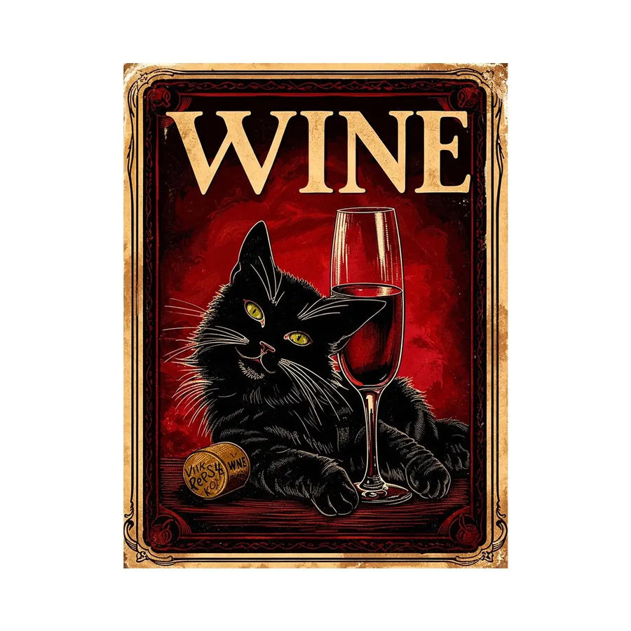 Vintage poster of a black cat with a glass of red wine in retro style