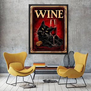 Vintage poster of a black cat with a glass of red wine in retro style