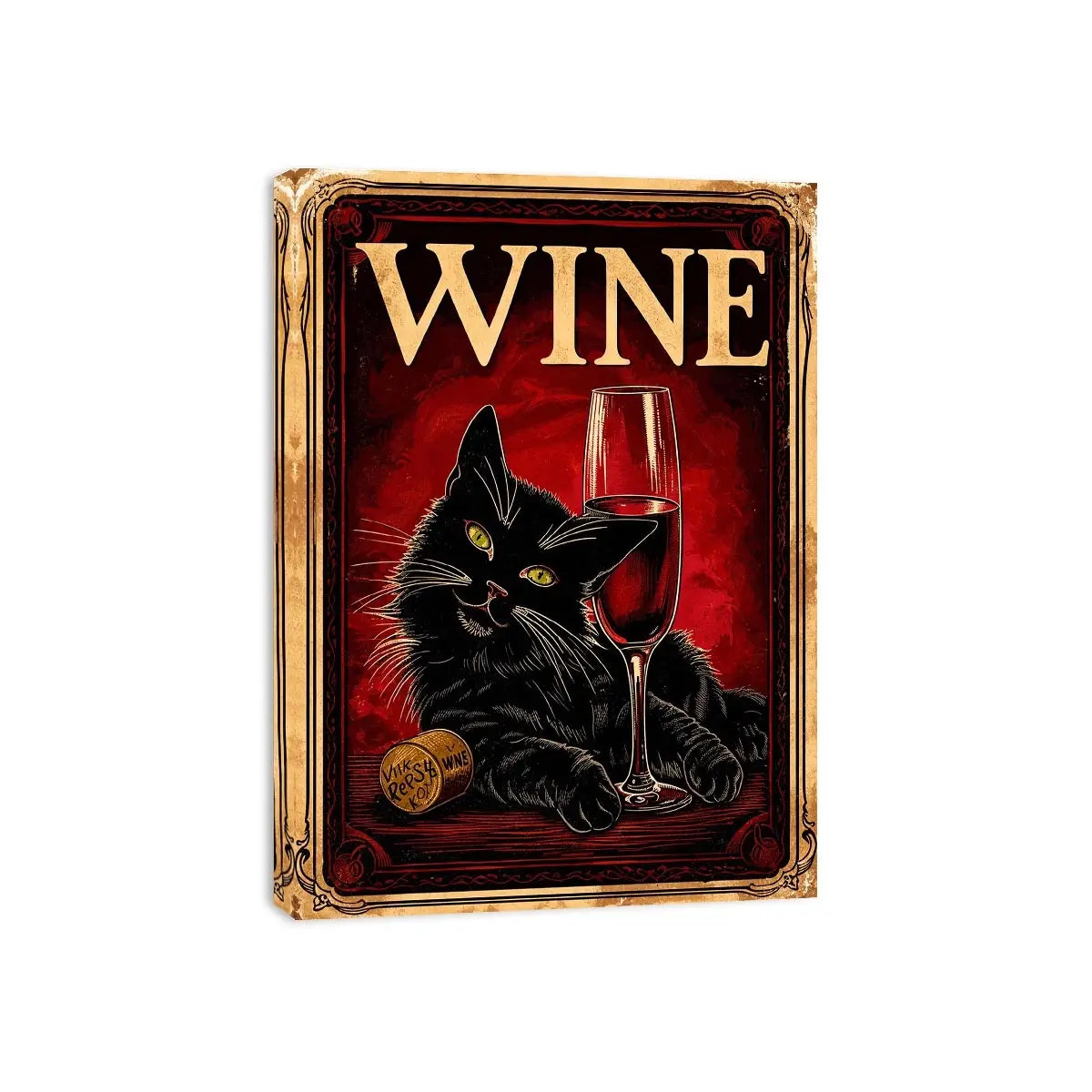 Vintage poster of a black cat with a glass of red wine in retro style