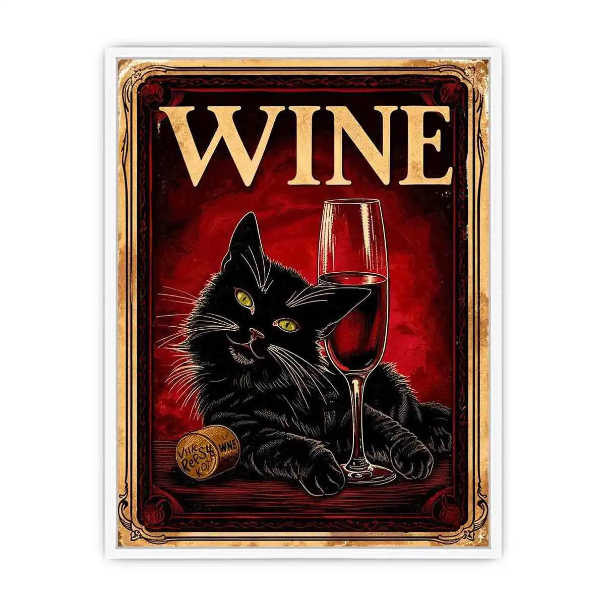 Vintage poster of a black cat with a glass of red wine in retro style
