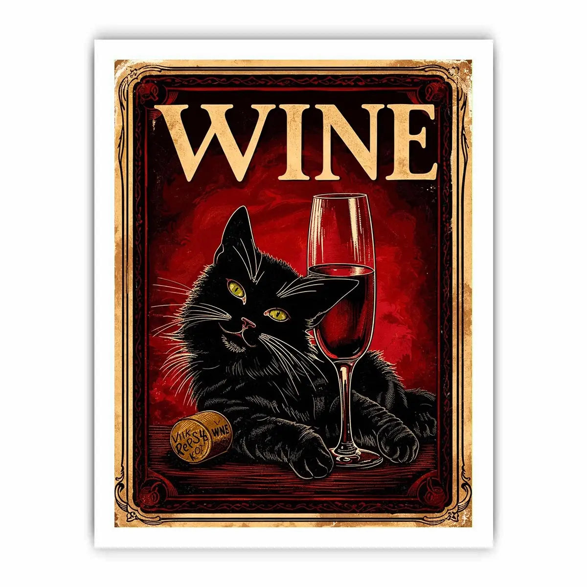 Vintage poster of a black cat with a glass of red wine in retro style